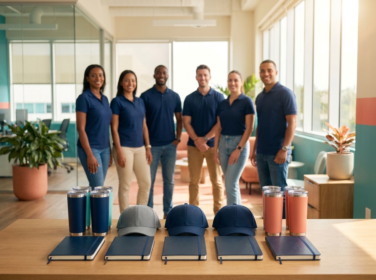 Corporate teams in custom branded polos
