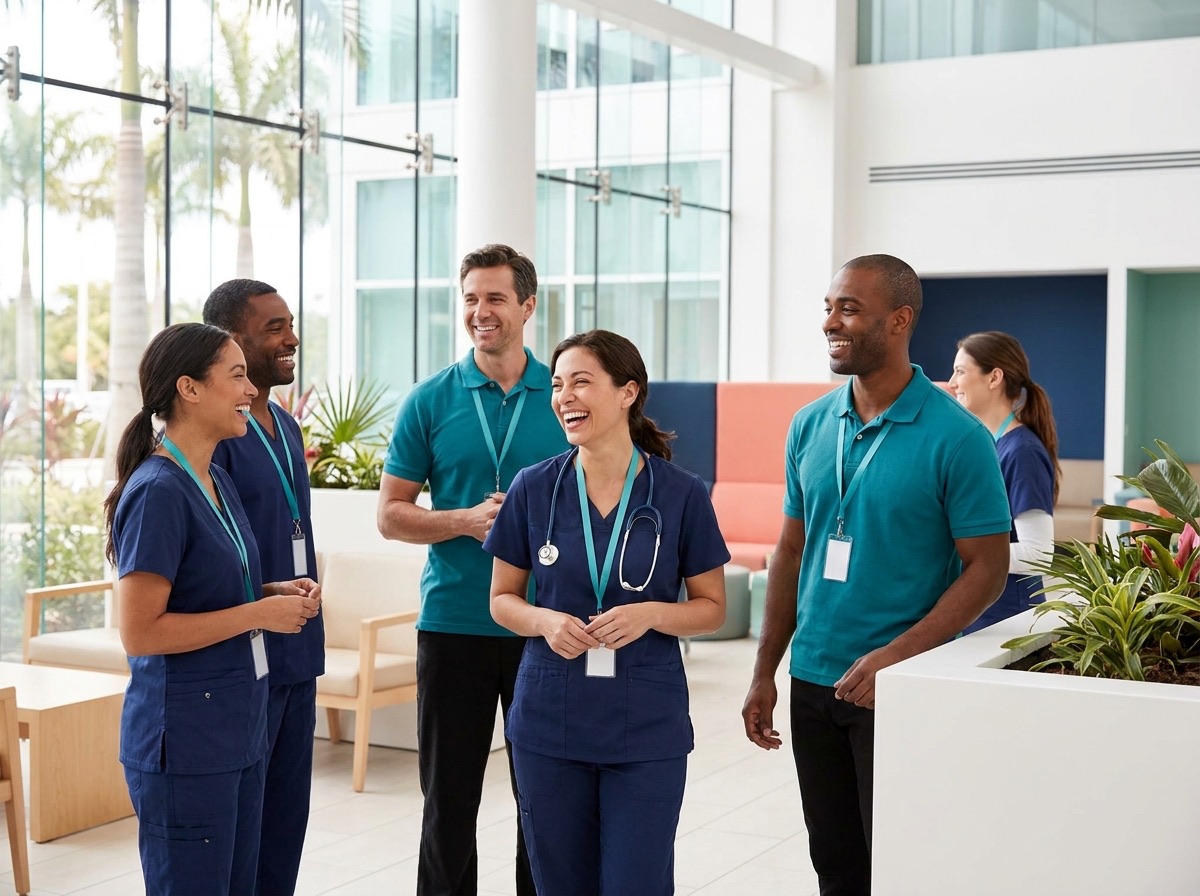 Healthcare staff in coordinated scrubs and badges