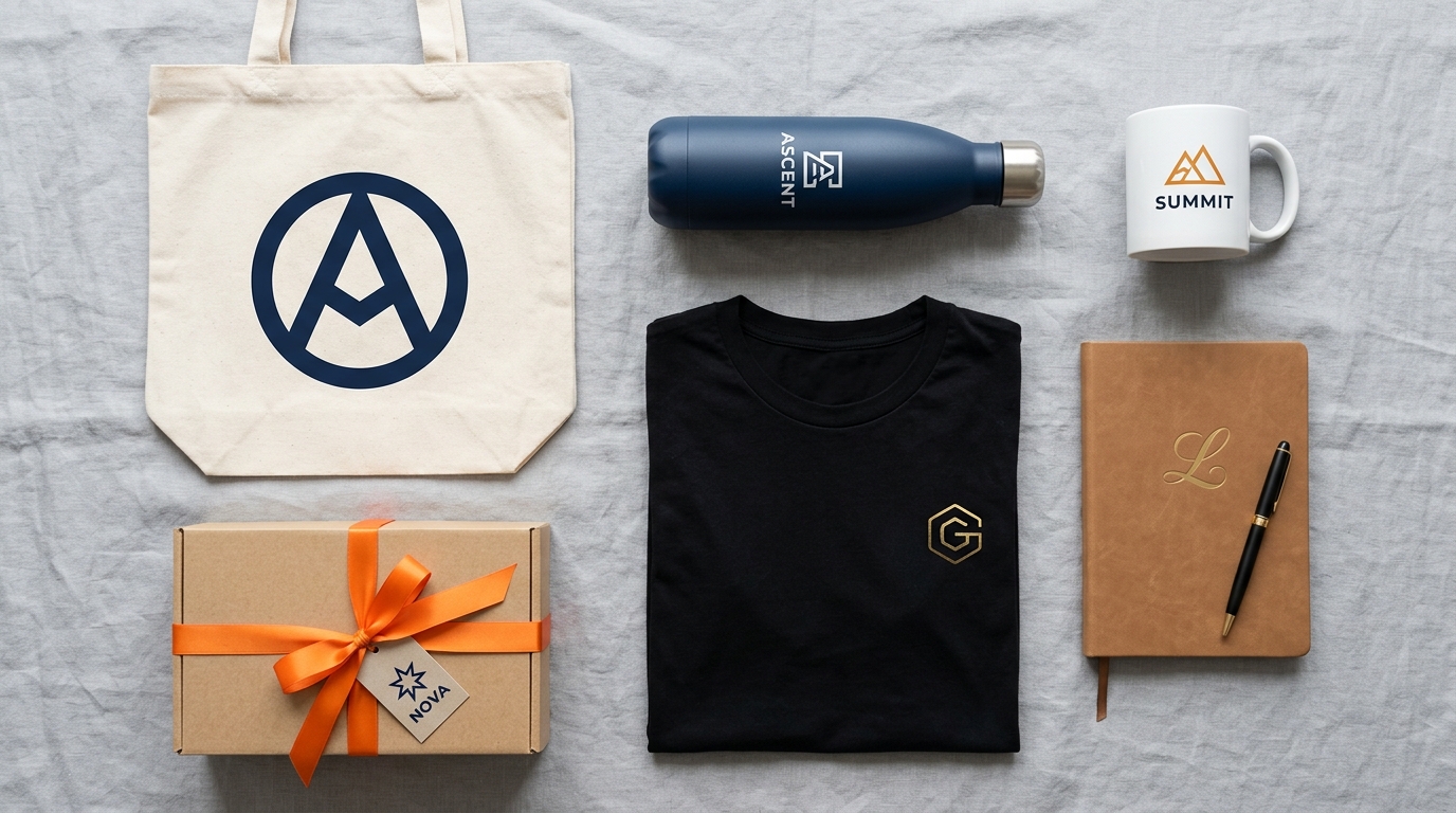 Custom branded swag — tote bags, tumblers, mugs, t-shirts, notebooks, gift boxes